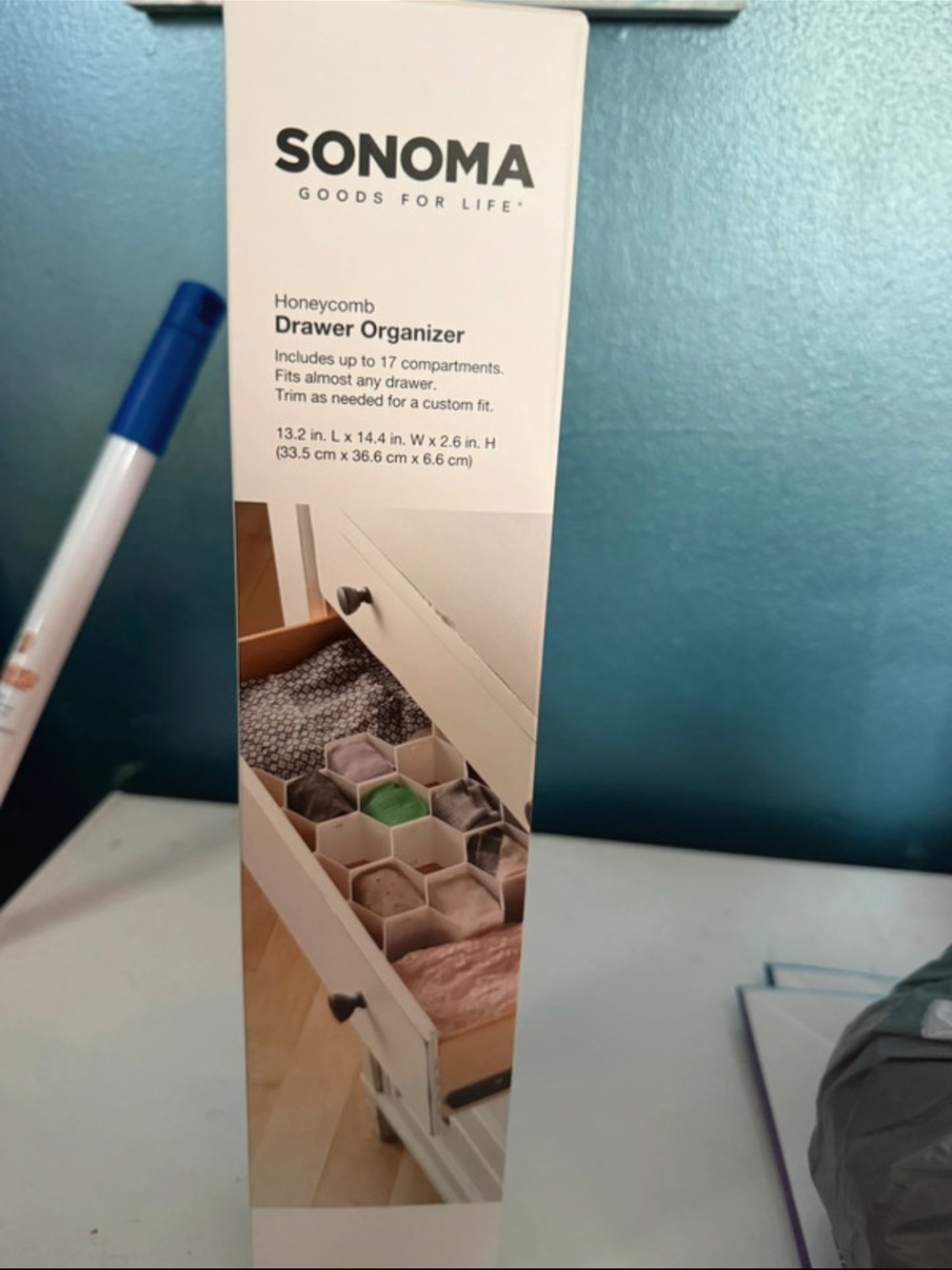 Sonoma Honeycomb Drawer Organizer in beige with green accent